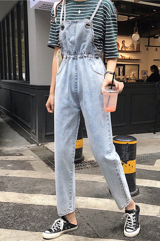Loose Pocket Blue Denim Jumpsuits