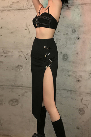 High Waist Pin Buckle Long Split Skirts