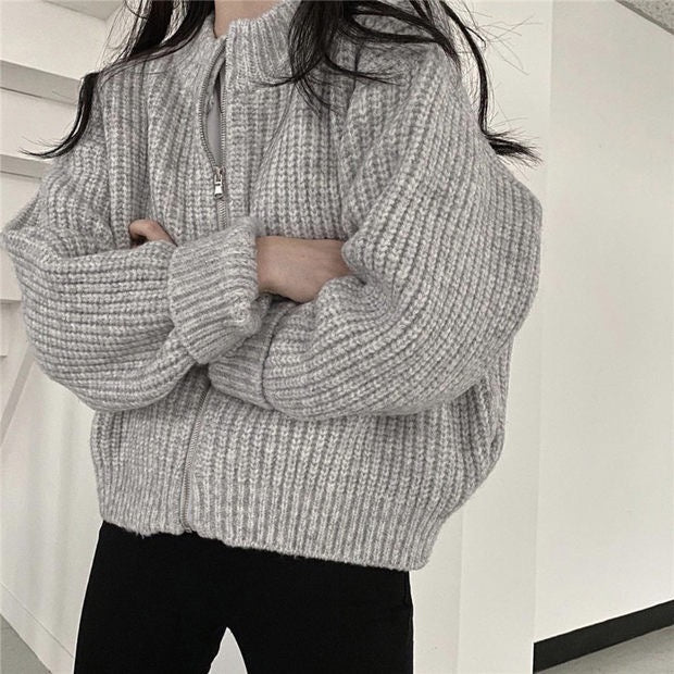 Zipper Solid Knitted Loose Sweater