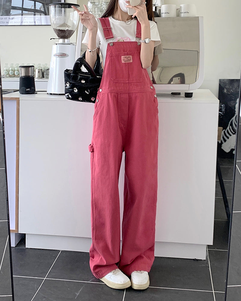 Loose Rose Pink Long Denim Jumpsuit