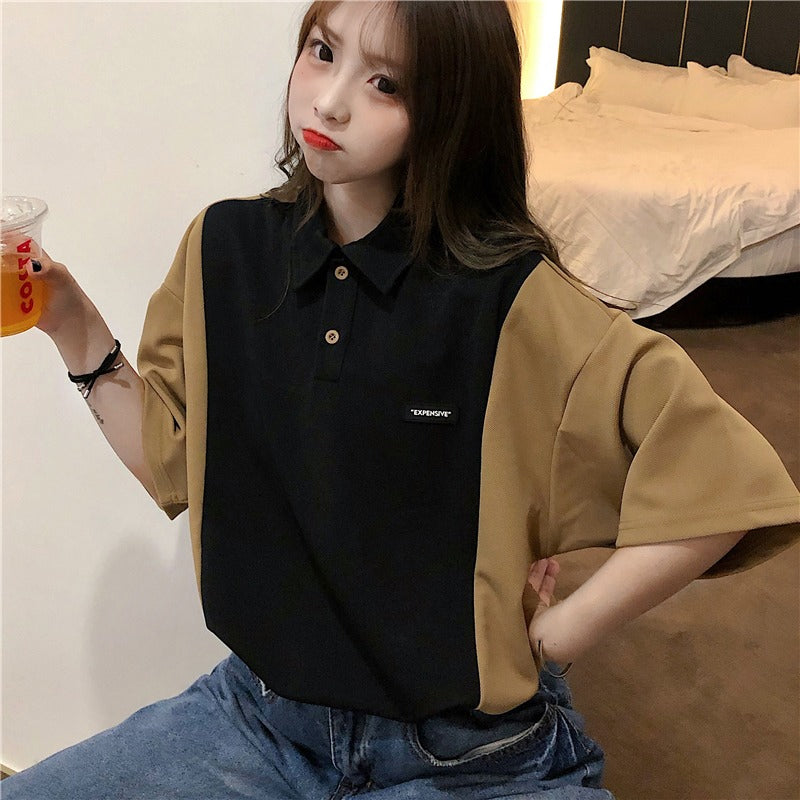 Short Sleeve Two Colors Patchwork Collar Shirt