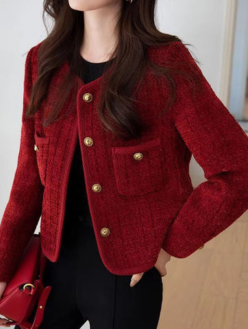 Long Sleeve Wine Red Color Elegant Tweed Jacket