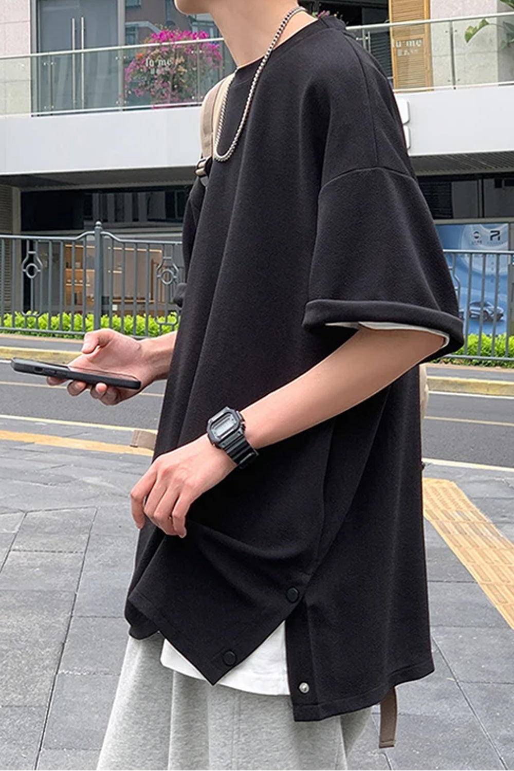 Loose Short Sleeve Hip Hop Side Slit Button Men Shirts