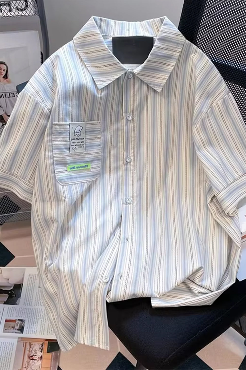Short Sleeve Cute Dog Pocket Printed Striped Blouse Shirts