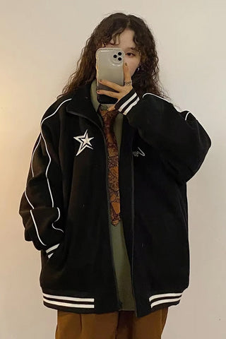 Star Letter Embroidery Stand Neck Retro Jacket