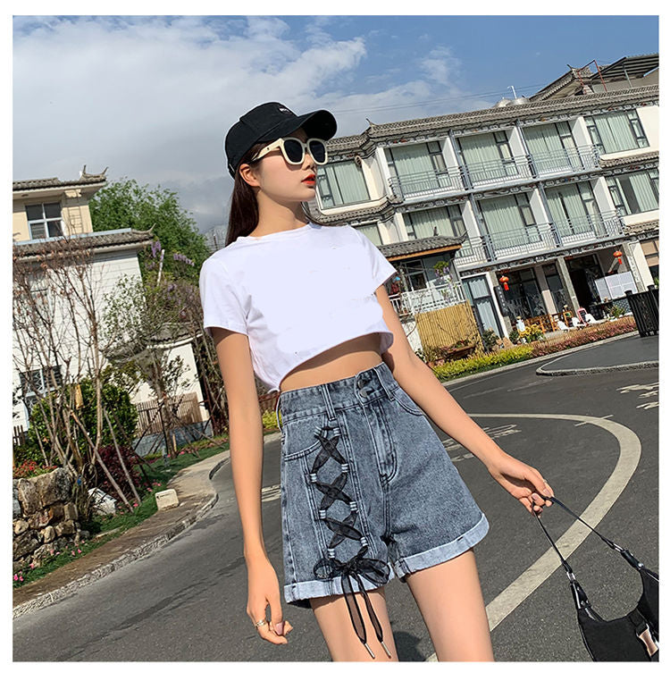 High Waist Lace Up Denim Shorts Jeans