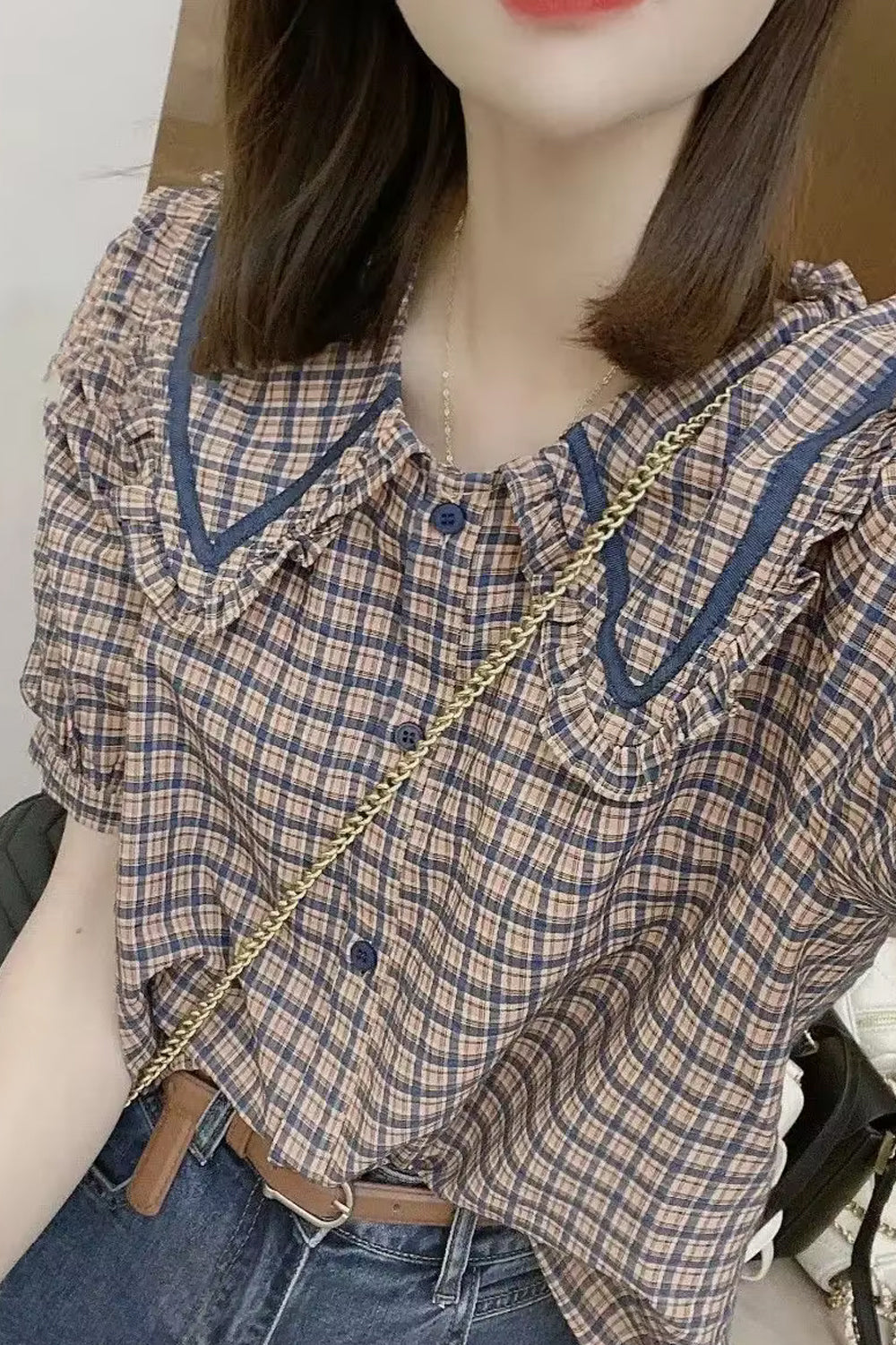 Puff Sleeve Peter Pan Collar Design Plaid Shirt