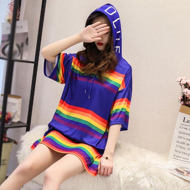 Block Rainbow Hooded Loose Shirt