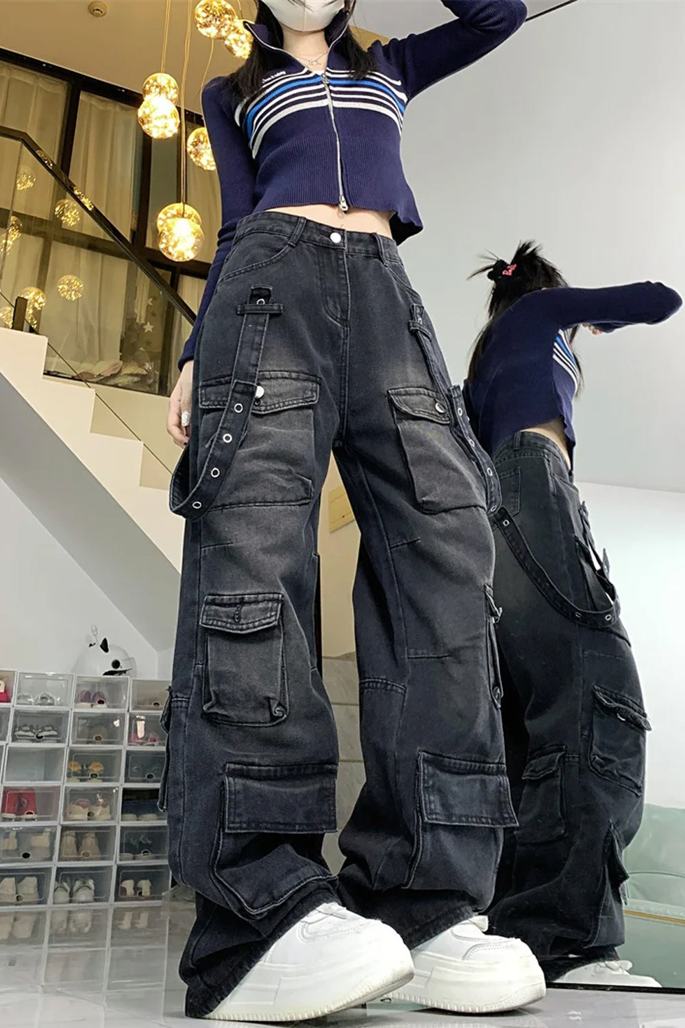 Washed Black Cargo Multi Pockets Long Pants