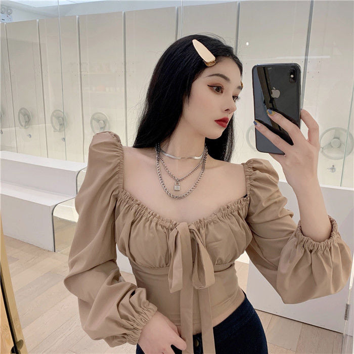 Long Sleeve Sexy Square Collar Bow Crop Tops