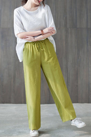 Cotton Linen Elastic Waist Colors Wide Leg Pants