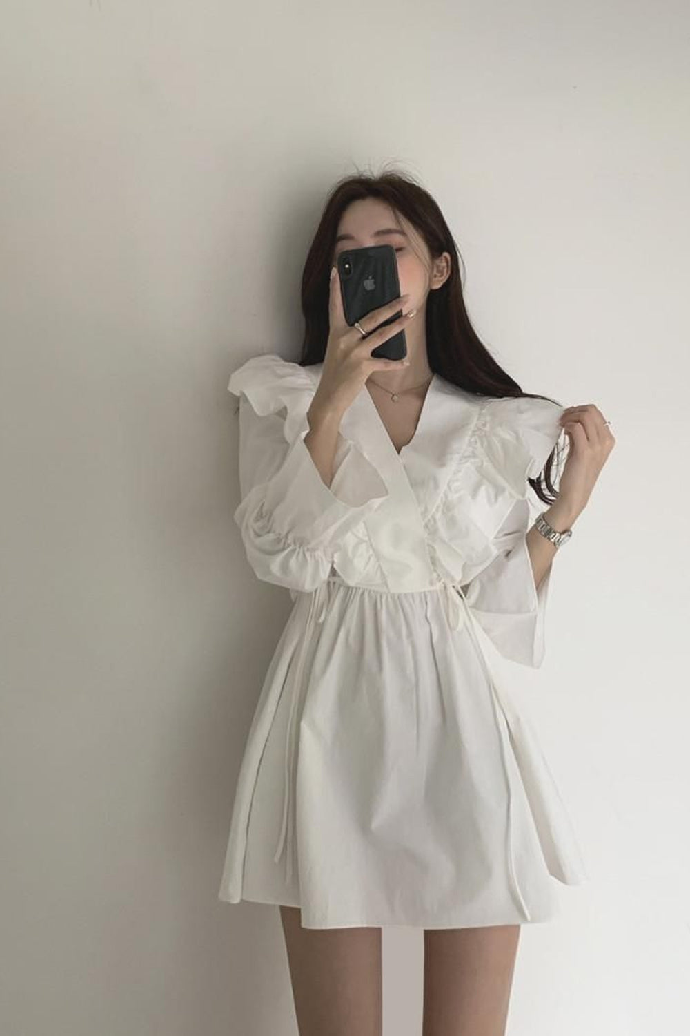 V-Neck Lantern Sleeve Ruffle Dress