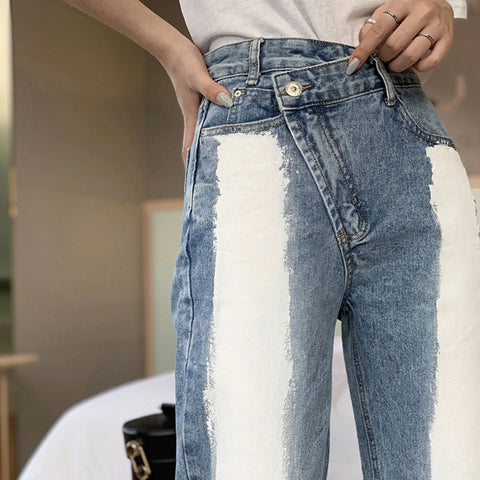 High Waist White Block Irregular Jeans Pants