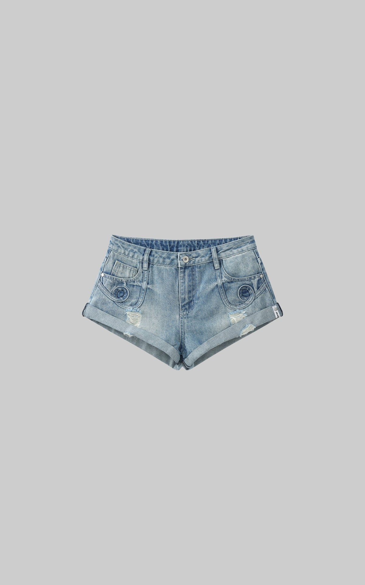 Distressed Denim Shorts with Folded Hem & Ring Stitch