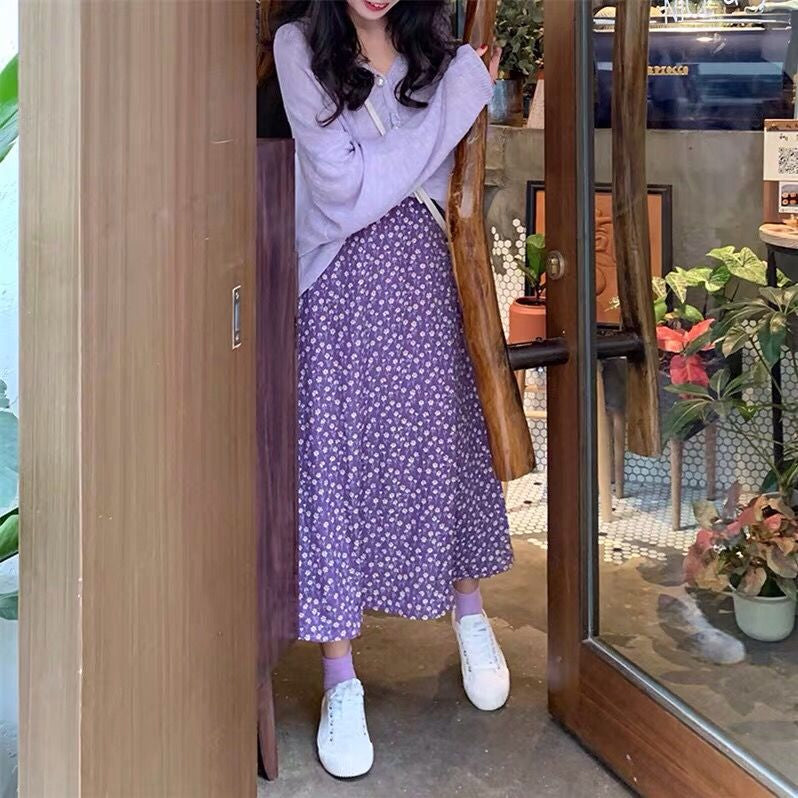 Flowers Pattern Soft Chiffon Purple Skirts