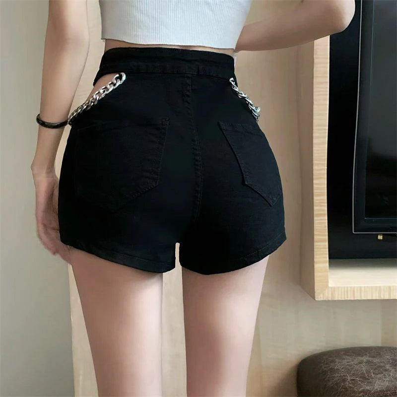 Sexy Cut Out Chain Patchwork Denim Shorts