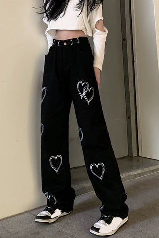 High Waist Heart Pattern Black Long Jeans Pants