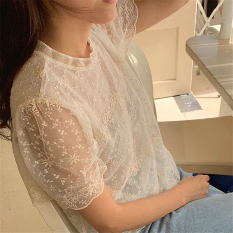 Stand Collar Short Sleeve Lace Floral Shirt