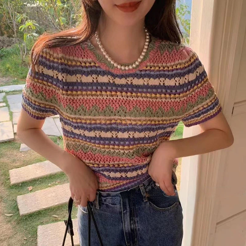 Retro Knitted Hollow Out Striped Slim Shirts