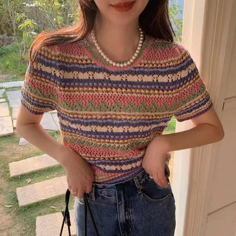 Retro Knitted Hollow Out Striped Slim Shirts