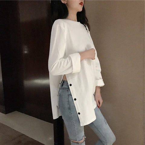 Split Side Button Loose Solid Shirt