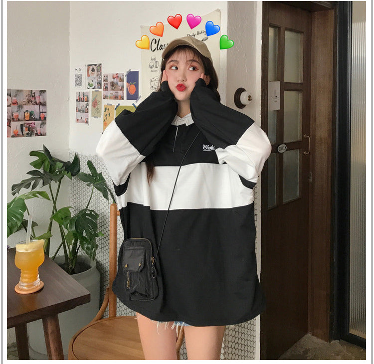 Long Sleeve Polo Collar Hit Color Shirt