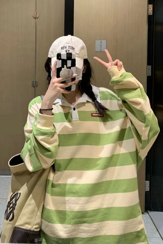 Vintage Green Striped Loose Collar Shirts