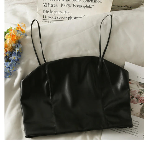 Sexy Leather Spaghetti Strap Cropped Tank Top