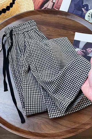 Elastic Waist Drawstring Plaid Pattern Long Pants