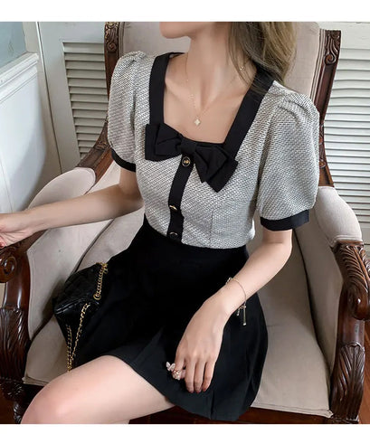 Short Sleeve Bow Square Collar Blouse Shirt