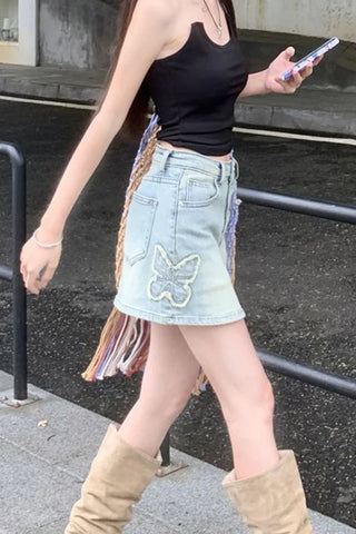 Vintage Butterfly Embroidery Mini Denim Skirts