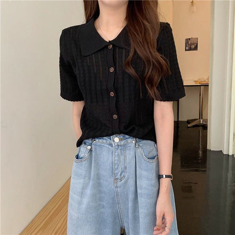 Short Sleeve Turn Down Collar Hollow Out Shirts