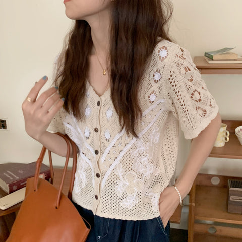 V-Neck Chic Hollow Out Short Sleeve Shirt