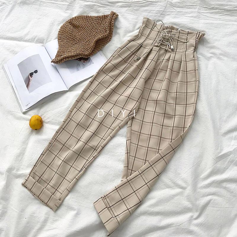 Solid Retro Plaid Lace Up Wide Leg Ankle Length Pants