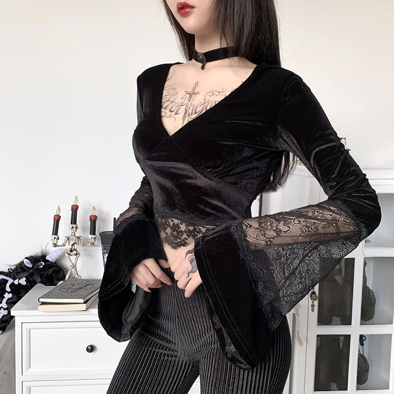 Sexy Lace Flare Sleeve V-Neck Gothic Shirt