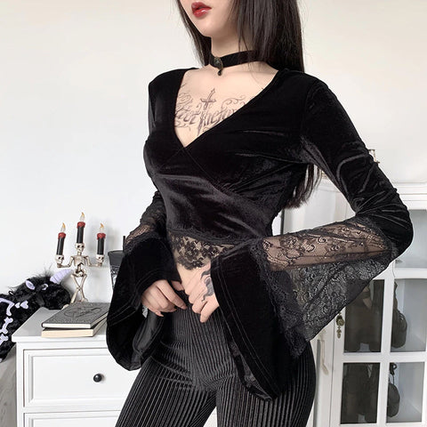 Sexy Lace Flare Sleeve V-Neck Gothic Shirt