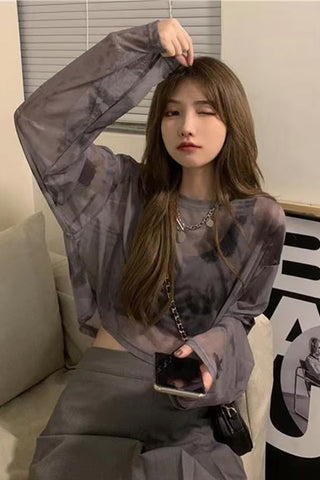 Long Sleeve Tie Dye Pattern Semi Transparent Shirts