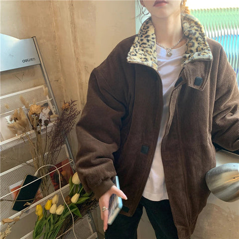 Leopard Collar Loose Warm Corduroy Jacket