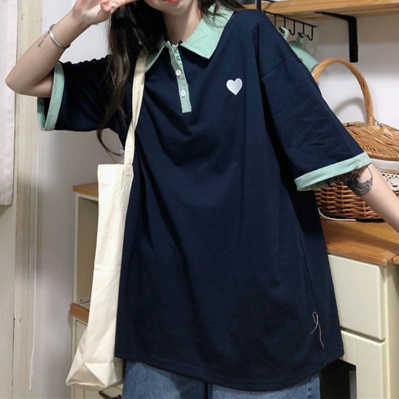 Loose Heart Pocket Printed Collar Shirt