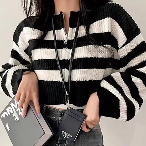 Long Sleeve Casual Zipper Striped Cropped Sweater