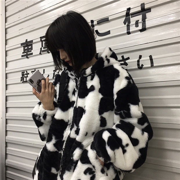 Loose Cow Pattern Hooded Fleece Jackets