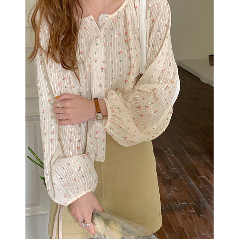 Loose Retro Florals Lantern Sleeve Blouse Shirt
