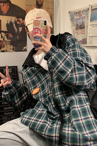 Retro Zipper Plaid Reversible Jackets