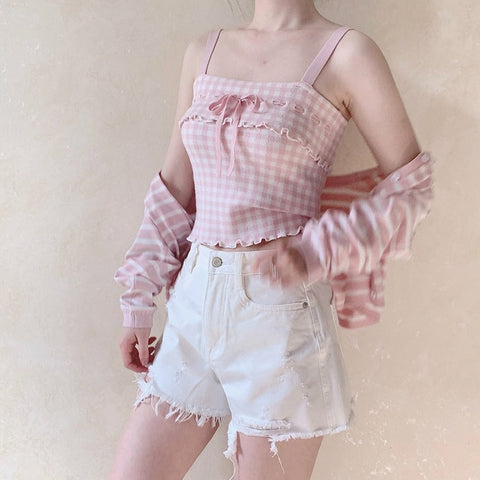 Bow Lace Up Plaid Cute Crop Tops