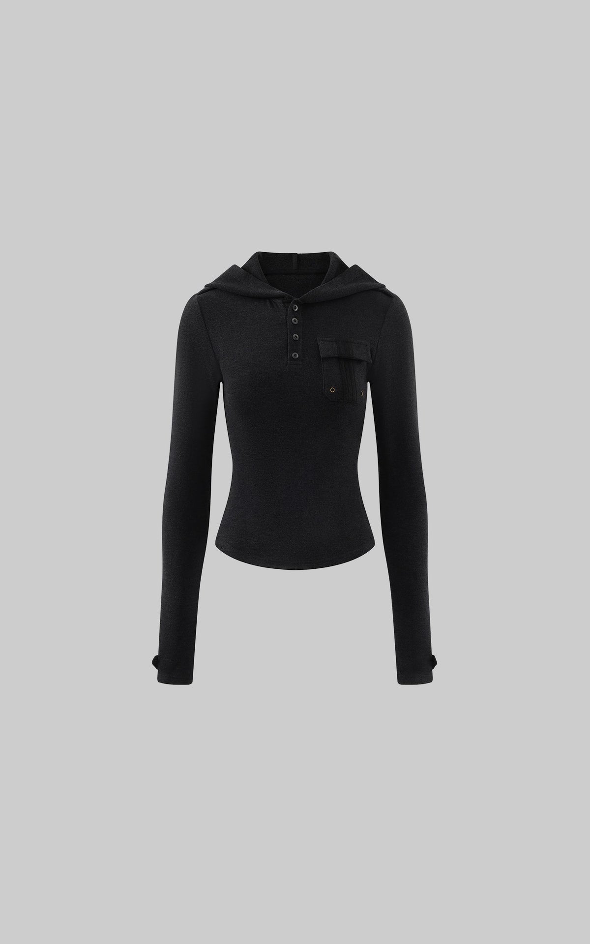 Slim Fit Hooded Long Sleeve Top with Pocket and Metal Eyelet Detail