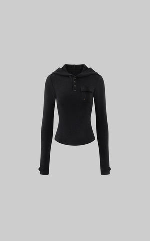 Slim Fit Hooded Long Sleeve Top with Pocket and Metal Eyelet Detail