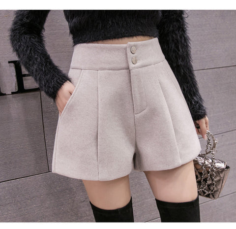 High Waist Wide Leg Woolen Office Shorts