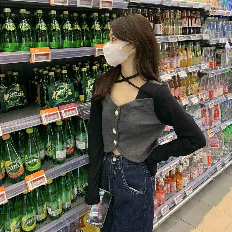 Sexy Long Sleeve Two Style Combination Cropped Shirt