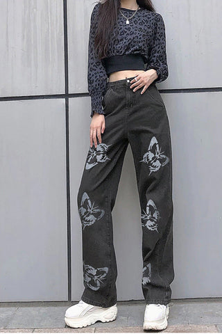 Lockere Jeanshose mit hoher Taille und Schmetterlingsmuster 