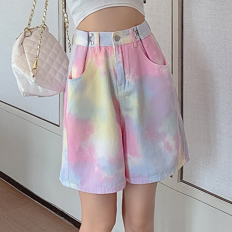 Pink Tie Dye Wide Leg Shorts Jeans
